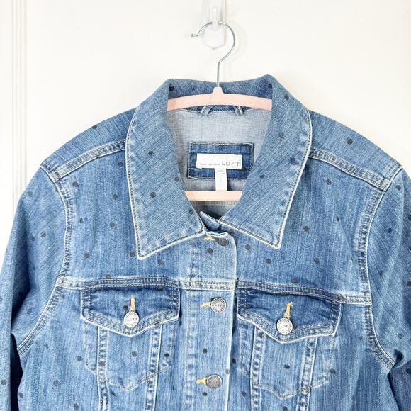 LOFT Collared Long Sleeve Polka Dot Denim Jacket Stretch Size Large L Preppy - Picture 4 of 12